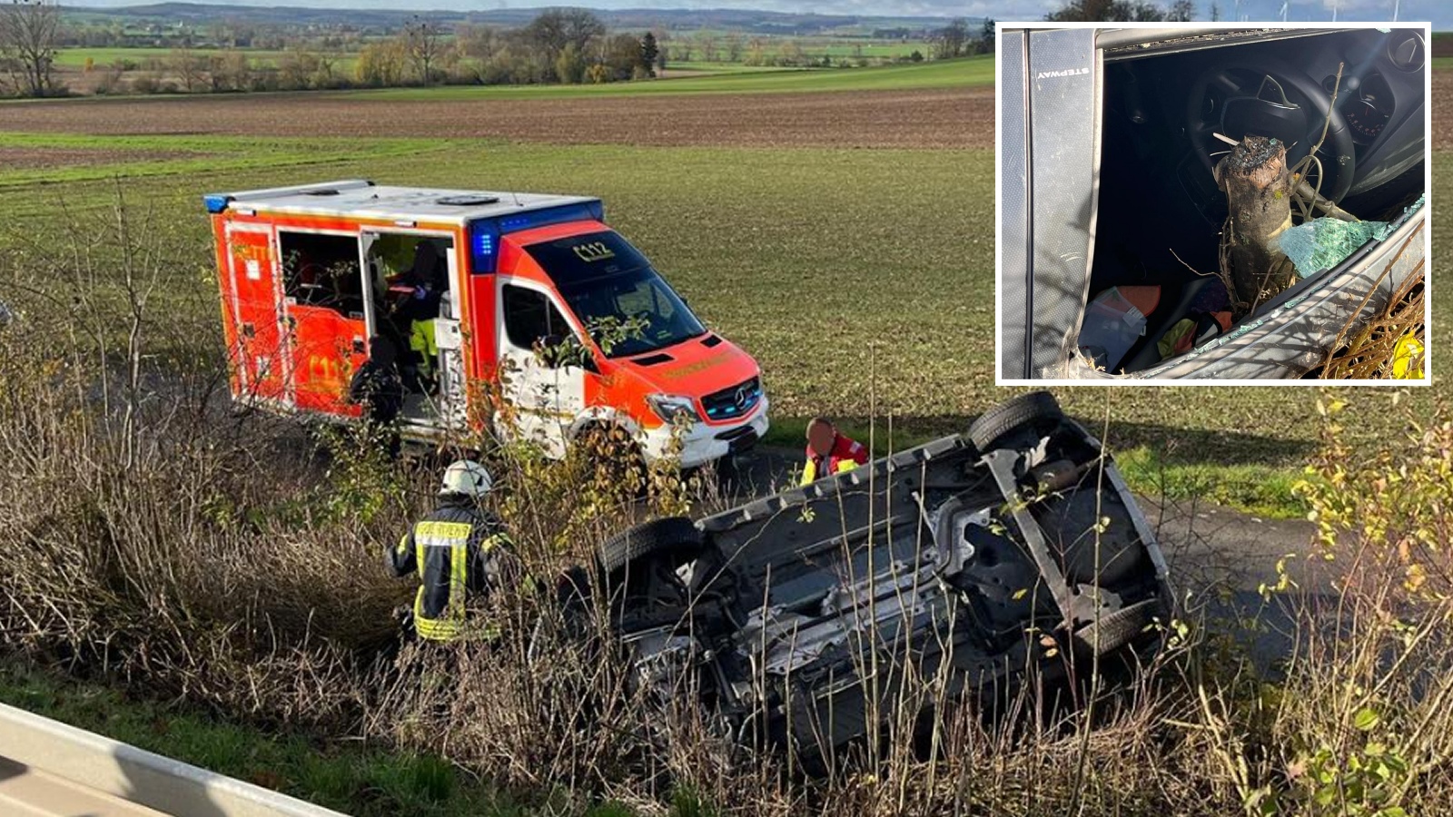 Glück im Unglück: Verkehrsunfall auf der B241 bei Lütgeneder mit zwei Verletzten - Baumstumpf bohrt sich durch Fensterscheibe